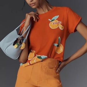 Anthropologie Orange Citrus Embroidered Tee